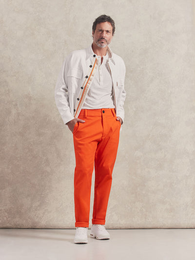 French Linen Short Sleeve Henley in *White Lotus* (off-white) styled with Aperol Orange Becker Pant and White Lotus Aperol Orange Mazarin Cut Shell — full length lookbook | Y.Chroma