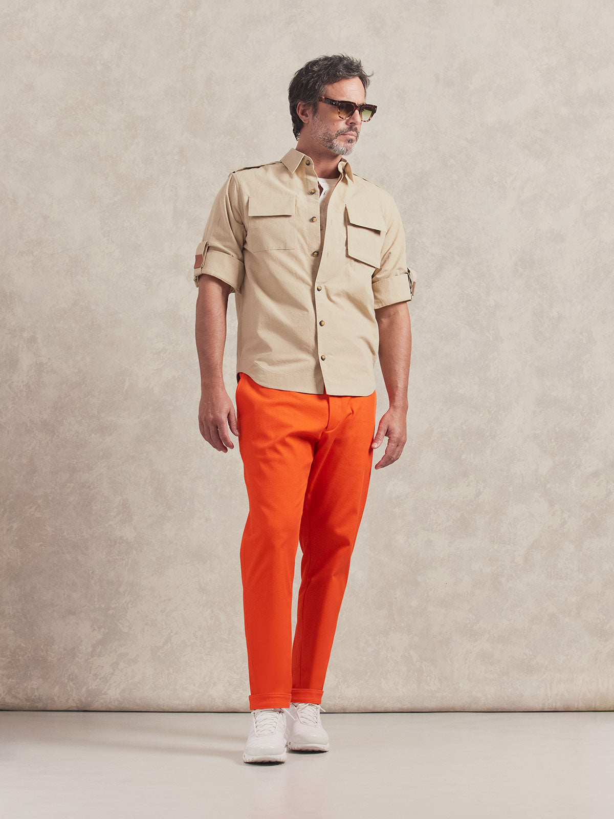 French Linen Short Sleeve Henley in *White Lotus* (off-white) styled with Soybean Lagos Canvas Work Shirt and Aperol Orange Becker Pant — full length lookbook | Y.Chroma