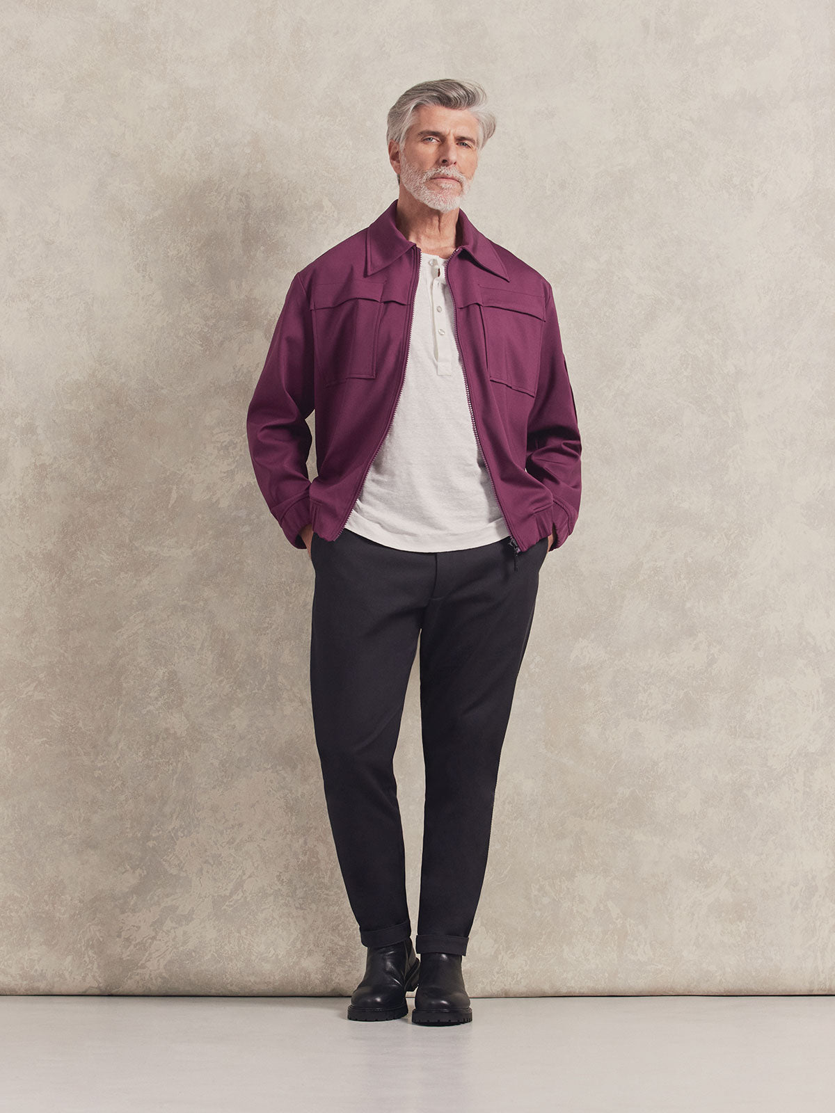 French Linen Short Sleeve Henley in *White Lotus* (off-white) styled with Obsidian Gray Becker Pant and Italian Plum Drücken Track Jacket — full length lookbook | Y.Chroma