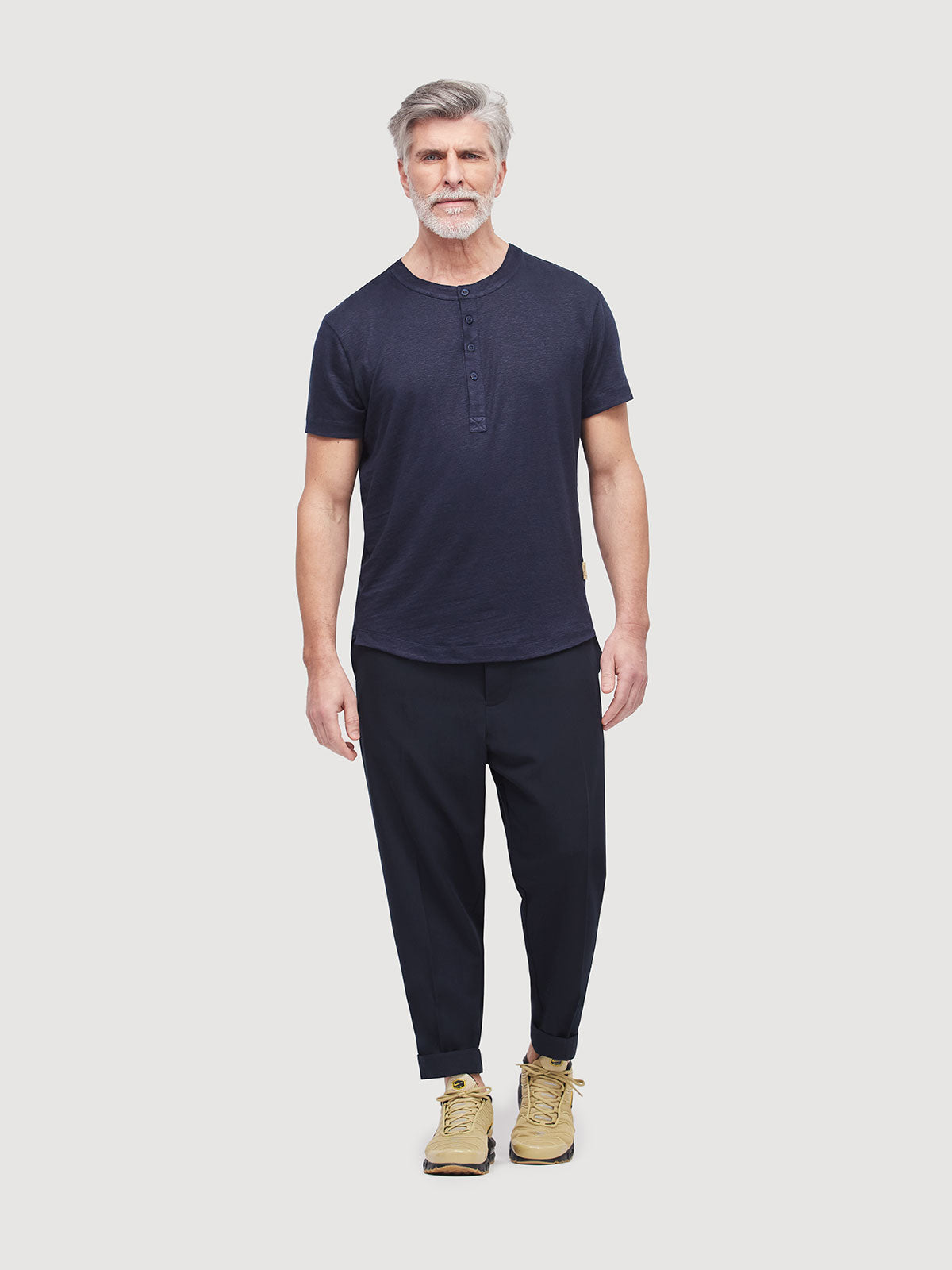 French Linen Short Sleeve Henley in *Midnight Blue* (navy blue) — flat lay back | Y.Chroma