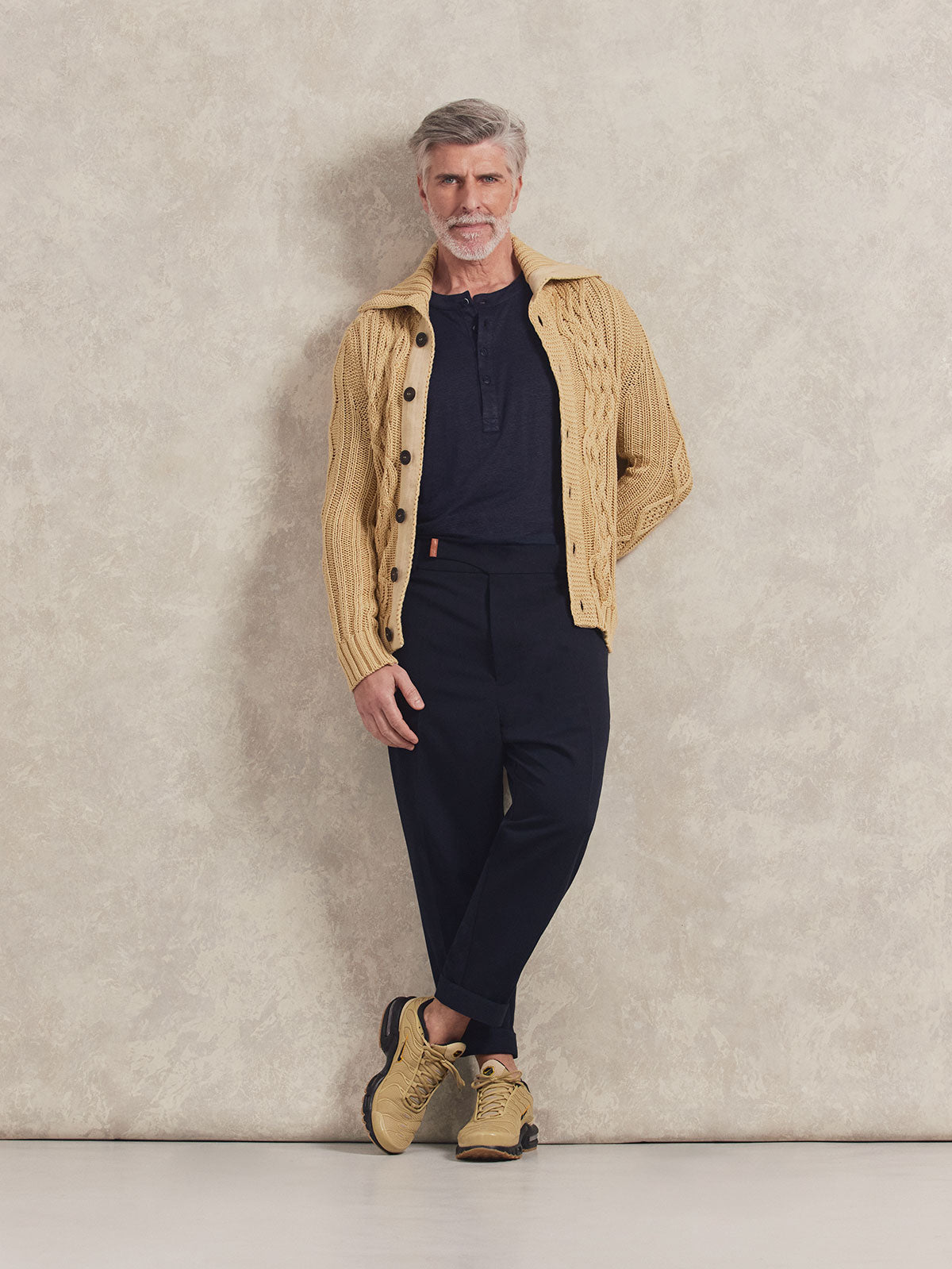French Linen Short Sleeve Henley in *Midnight Blue* (navy blue) styled with Midnight Blue Retinol Pant and Soybean Power Cable Sweater — full length lookbook | Y.Chroma