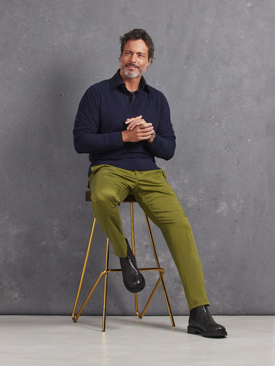 Madeira French Linen Long Sleeve Polo in *Midnight Blue* (navy blue) styled with Military Olive Becker Pant and Midnight Blue Dwayne V-Neck Cashmere Sweater — full length lookbook | Y.Chroma