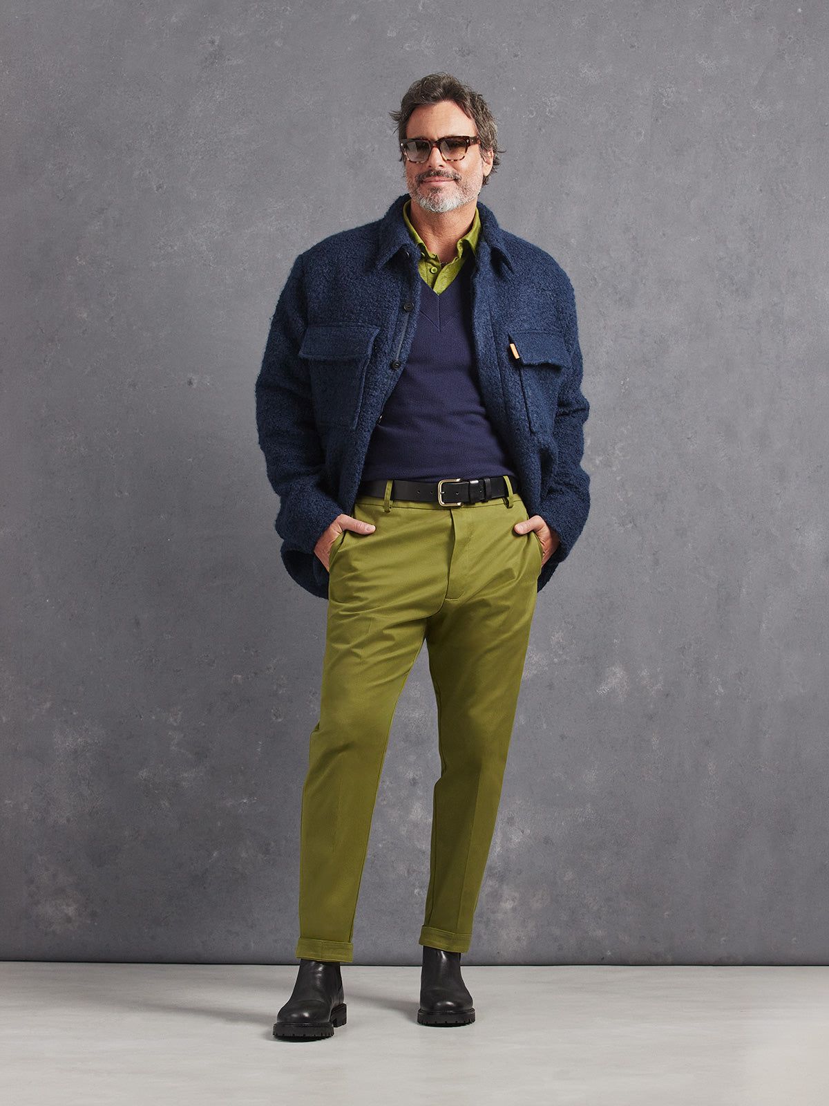 Madeira French Linen Long Sleeve Polo in *Military Olive* (olive green) styled with Military Olive Becker Pant, Midnight Blue Dwayne V-Neck Cashmere Sweater and Midnight Blue Deckmaster — full length lookbook | Y.Chroma