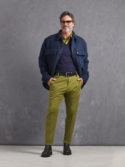 Madeira French Linen Long Sleeve Polo in *Military Olive* (olive green) styled with Military Olive Becker Pant, Midnight Blue Dwayne V-Neck Cashmere Sweater and Midnight Blue Deckmaster — full length lookbook | Y.Chroma