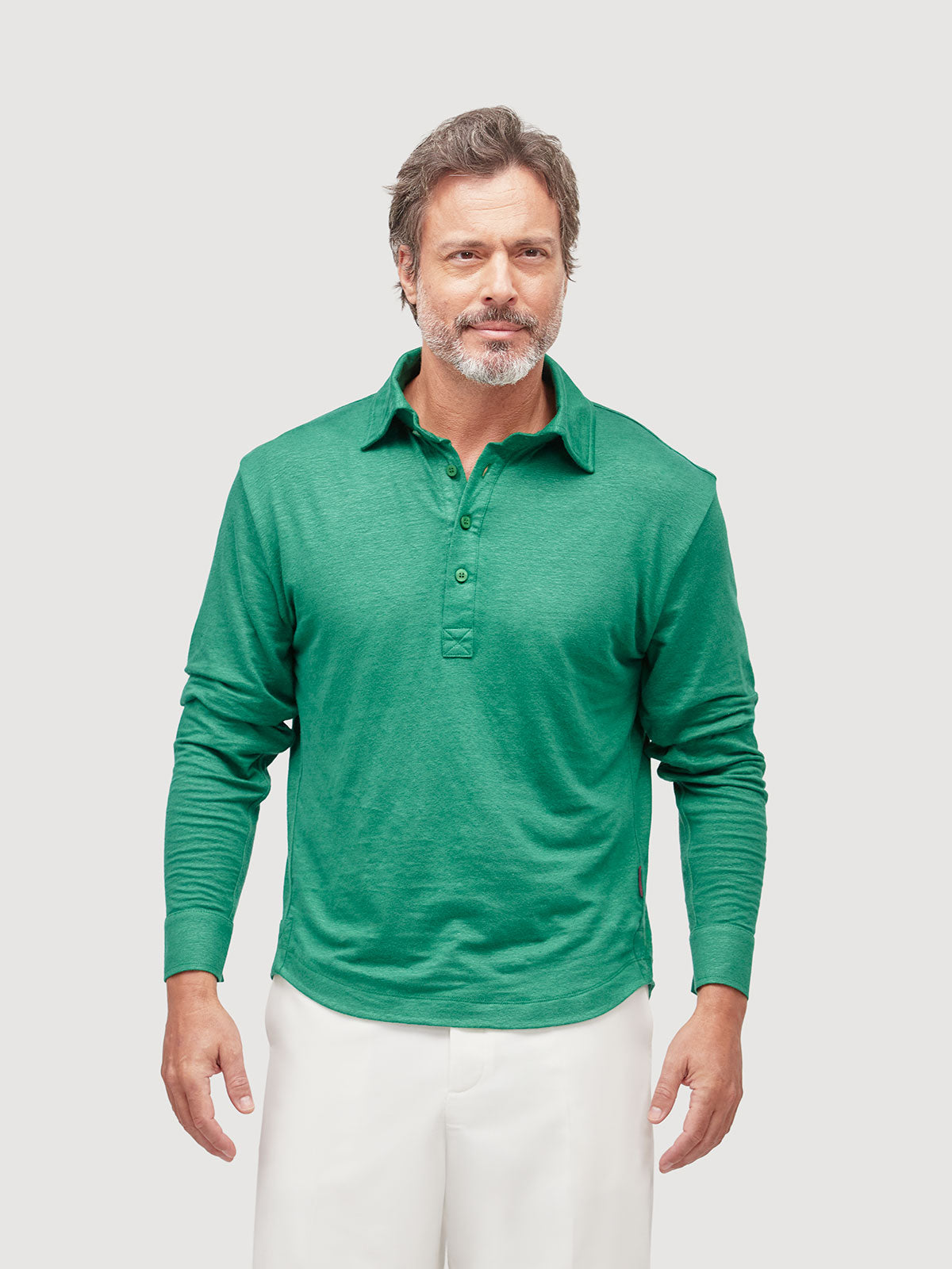 Madeira French Linen Long Sleeve Polo in *Berlin Black* (black) — flat lay front | Y.Chroma