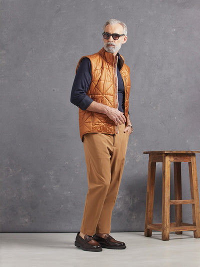 Madeira French Linen Long Sleeve Polo in *Midnight Blue* (navy blue) styled with Dark Soybean Retinol Pant and Quatro Down Vest — full length lookbook | Y.Chroma