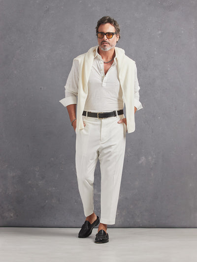 Madeira French Linen Long Sleeve Polo in *White Lotus* (off-white) styled with White Lotus Retinol Pant and White Lotus Dwayne V-Neck Cashmere Sweater on shoulders — full length lookbook | Y.Chroma