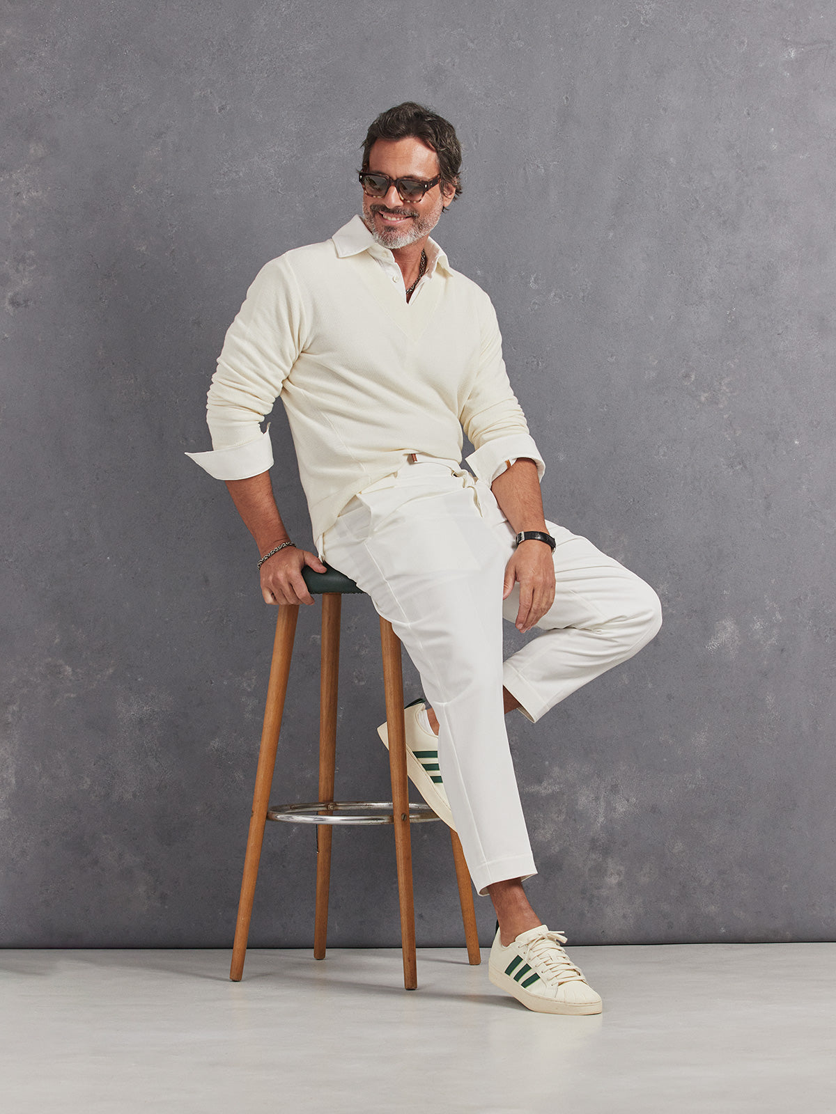 Madeira French Linen Long Sleeve Polo in *White Lotus* (off-white) styled with White Lotus Retinol Pant and White Lotus Dwayne V-Neck Cashmere Sweater — full length lookbook | Y.Chroma