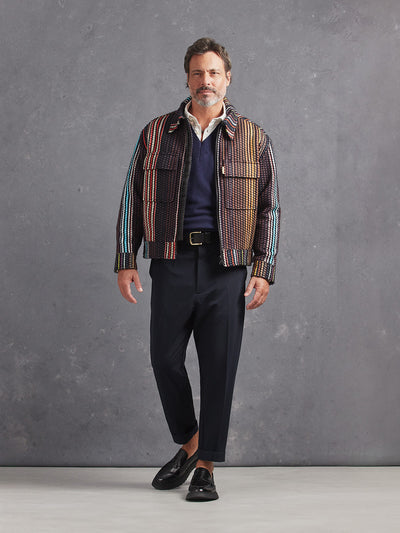 Madeira French Linen Long Sleeve Polo in *White Lotus* (off-white) styled with Midnight Blue Retinol Pant, Midnight Blue Dwayne V-Neck Cashmere Sweater and Daytona Jacket Netflix Edit — full length lookbook | Y.Chroma