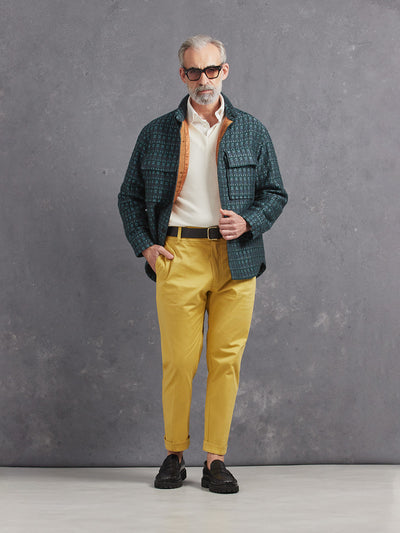 Madeira French Linen Long Sleeve Polo in *White Lotus* (off-white) styled with Royal Gold Skyline Pant, White Lotus Dwayne V-Neck Cashmere Sweater and Teal and Gray Varial Shirt-Cut Jacket — full length lookbook | Y.Chroma