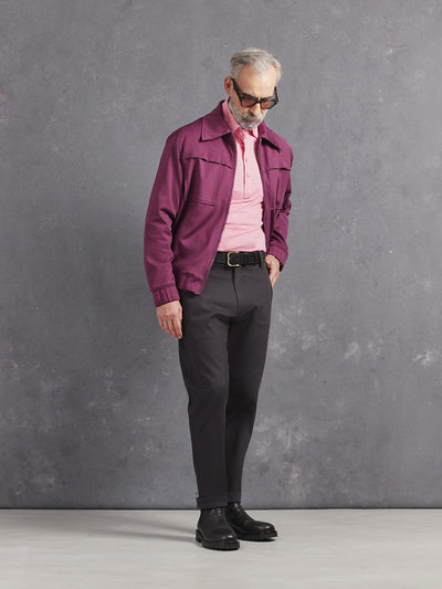 Madeira French Linen Long Sleeve Polo in *Quartz Pink* (dusty pink) styled with Obsidian Gray Becker Pant and Italian Plum Drücken Track Jacket — full length lookbook | Y.Chroma