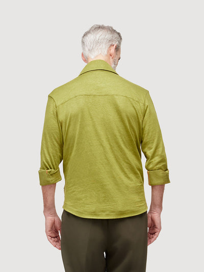 Madeira French Linen Long Sleeve Polo in *Military Olive* (olive green) — back detail view | Y.Chroma