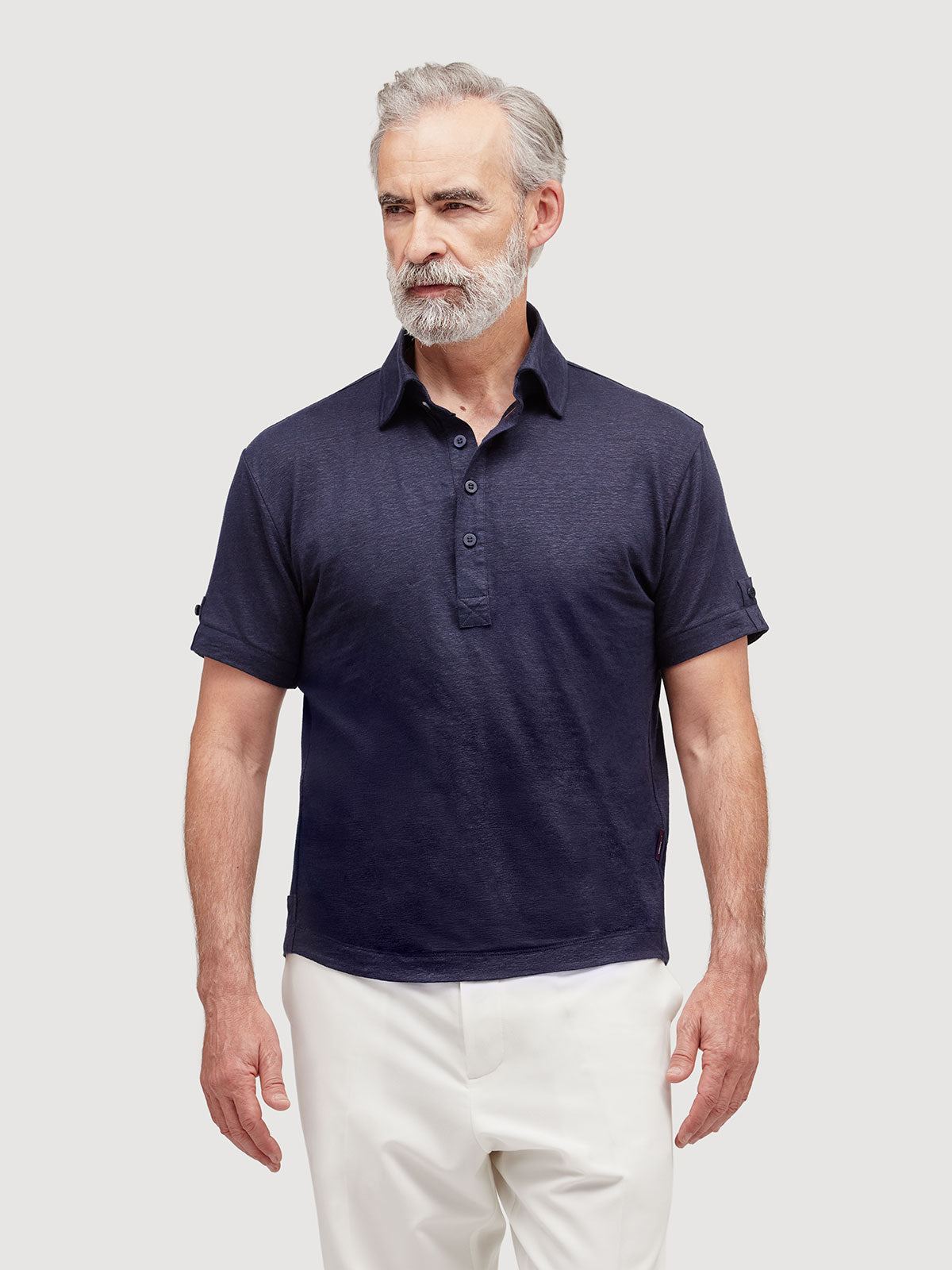 Madeira French Linen Short Sleeve Polo in *Midnight Blue* (navy blue) — flat lay front | Y.Chroma