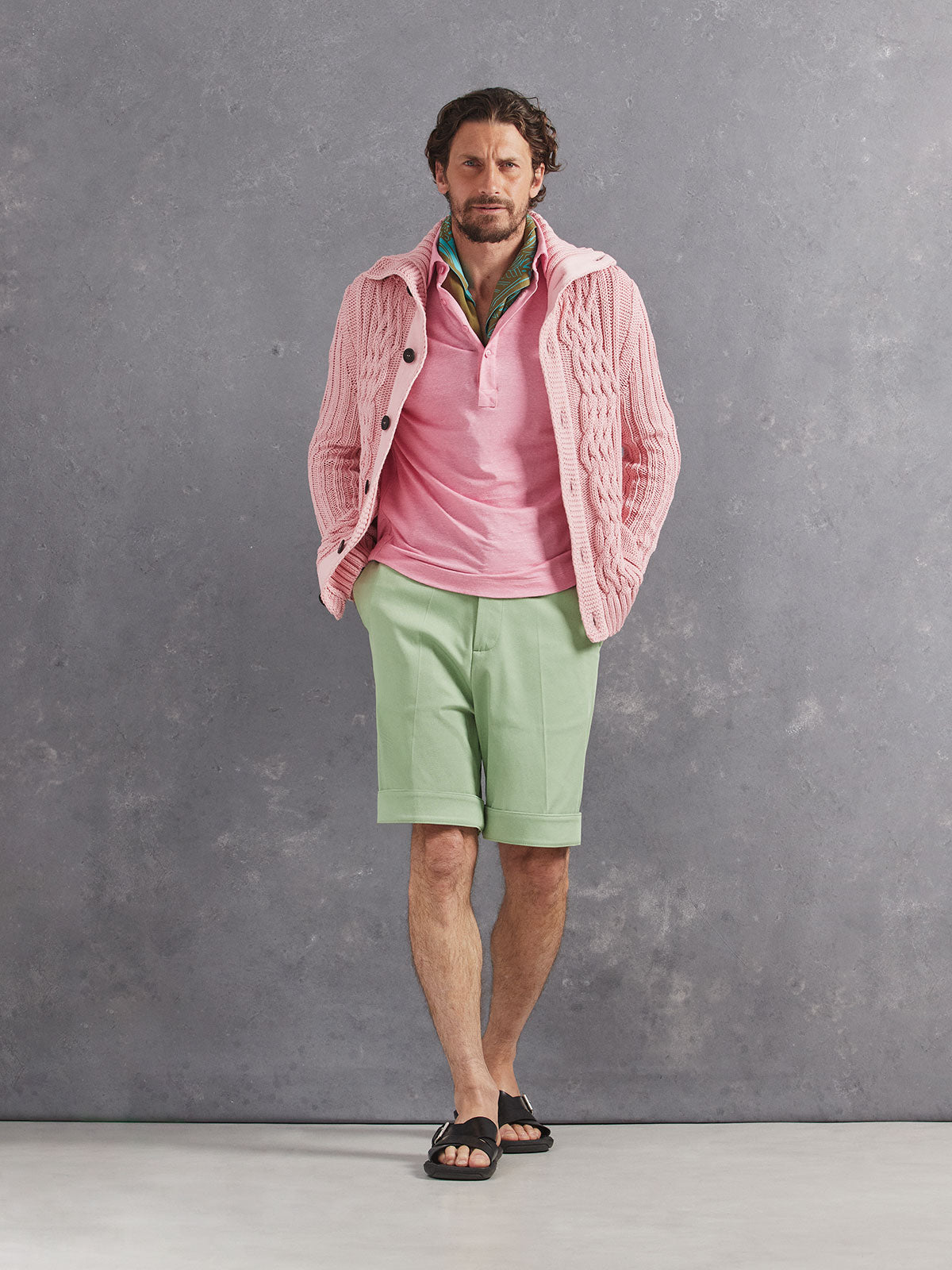 Madeira French Linen Short Sleeve Polo in *Quartz Pink* (dusty pink) styled with Basil Becker Short and Quartz Pink Power Cable Sweater 2023 Edition — full length lookbook | Y.Chroma
