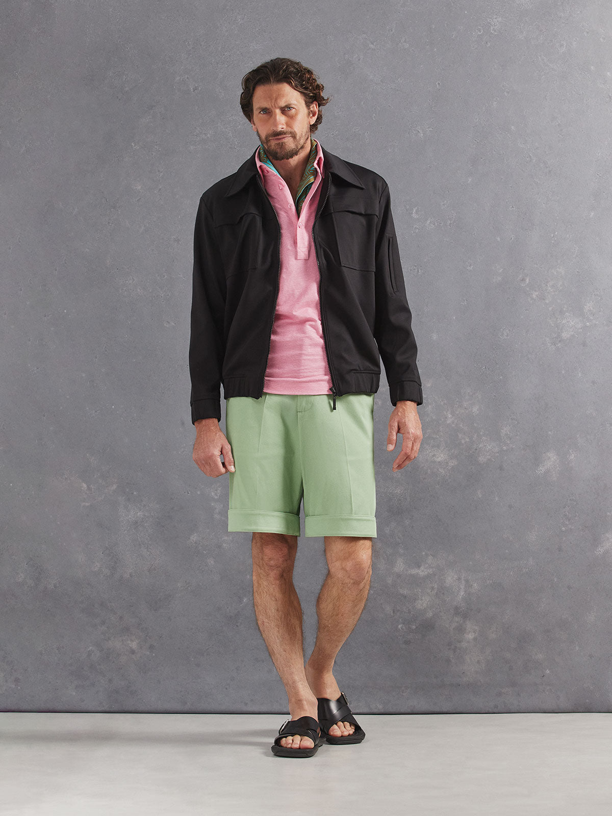 Madeira French Linen Short Sleeve Polo in *Quartz Pink* (dusty pink) styled with Basil Becker Short and Berlin Black Drücken Track Jacket — full length lookbook | Y.Chroma
