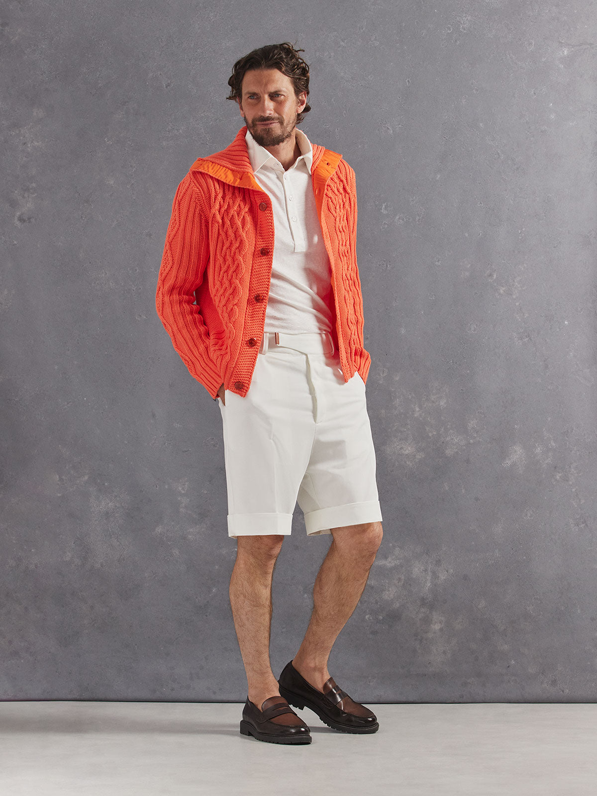 Madeira French Linen Short Sleeve Polo in *White Lotus* (off-white) styled with White Lotus Retinol Pant and Creamsicke Orange Power Cable Sweater 2026 Edition — full length lookbook | Y.Chroma