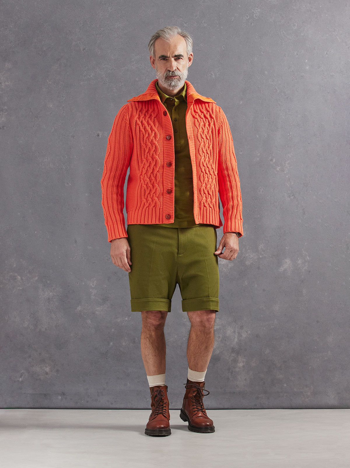 Madeira French Linen Short Sleeve Polo in *Military Olive* (olive green) styled with Military Olive Becker Short and Creamsicle Orange Power Cable Sweater 2026 Edition — full length lookbook | Y.Chroma