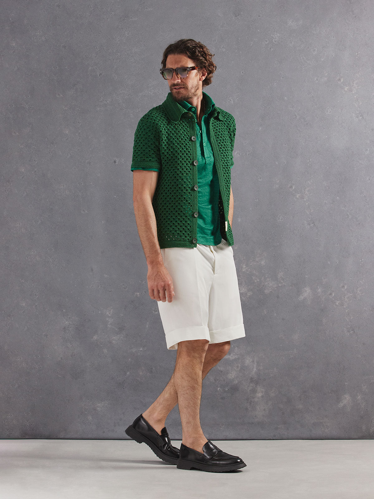 Madeira French Linen Short Sleeve Polo in *British Green* (forest green) styled with White Lotus Retinol Short and British Green Grand Prix Hand Crocheted Shirt — full length lookbook | Y.Chroma