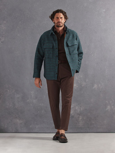 Madeira French Linen Short Sleeve Polo in *Java Brown* (warm brown) styled with Java Brown Skyline Pant and Teal and Gray Varial Shirt-Cut Jacket — full length lookbook | Y.Chroma