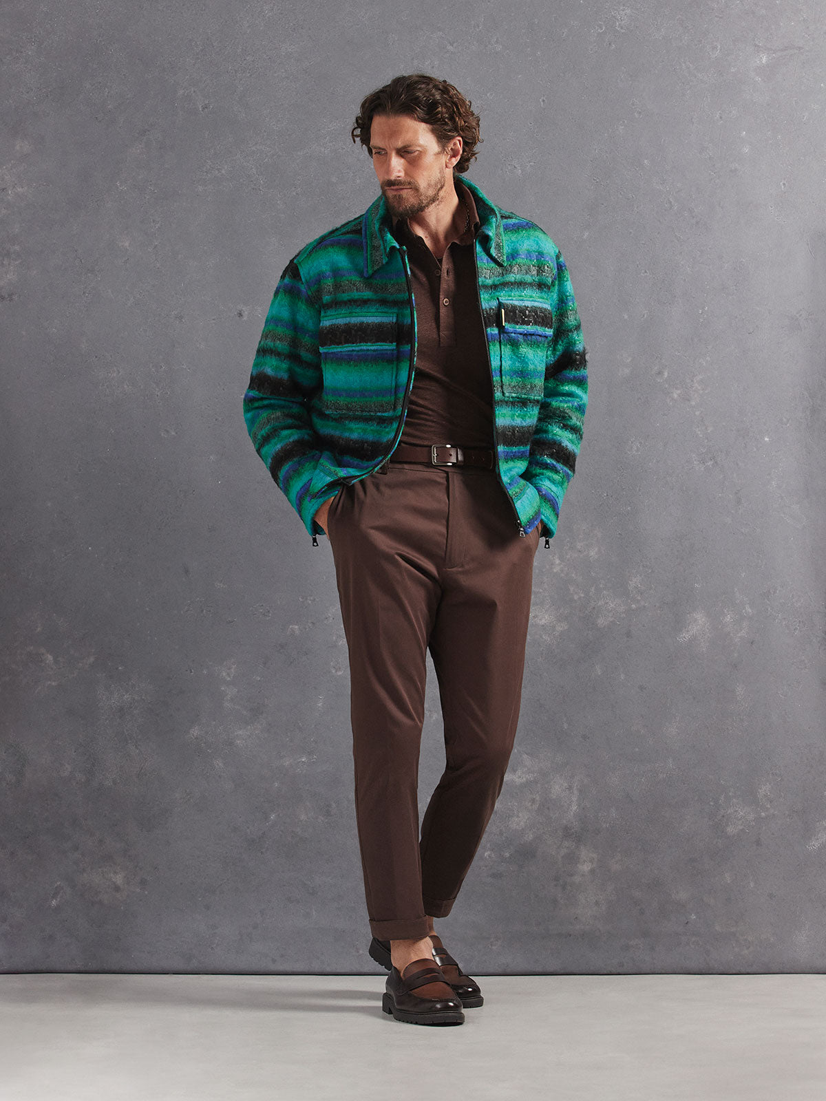 Madeira French Linen Short Sleeve Polo in *Java Brown* (warm brown) styled with Java Brown Skyline Pant and Teal Check Daytona Jacket — full length lookbook | Y.Chroma