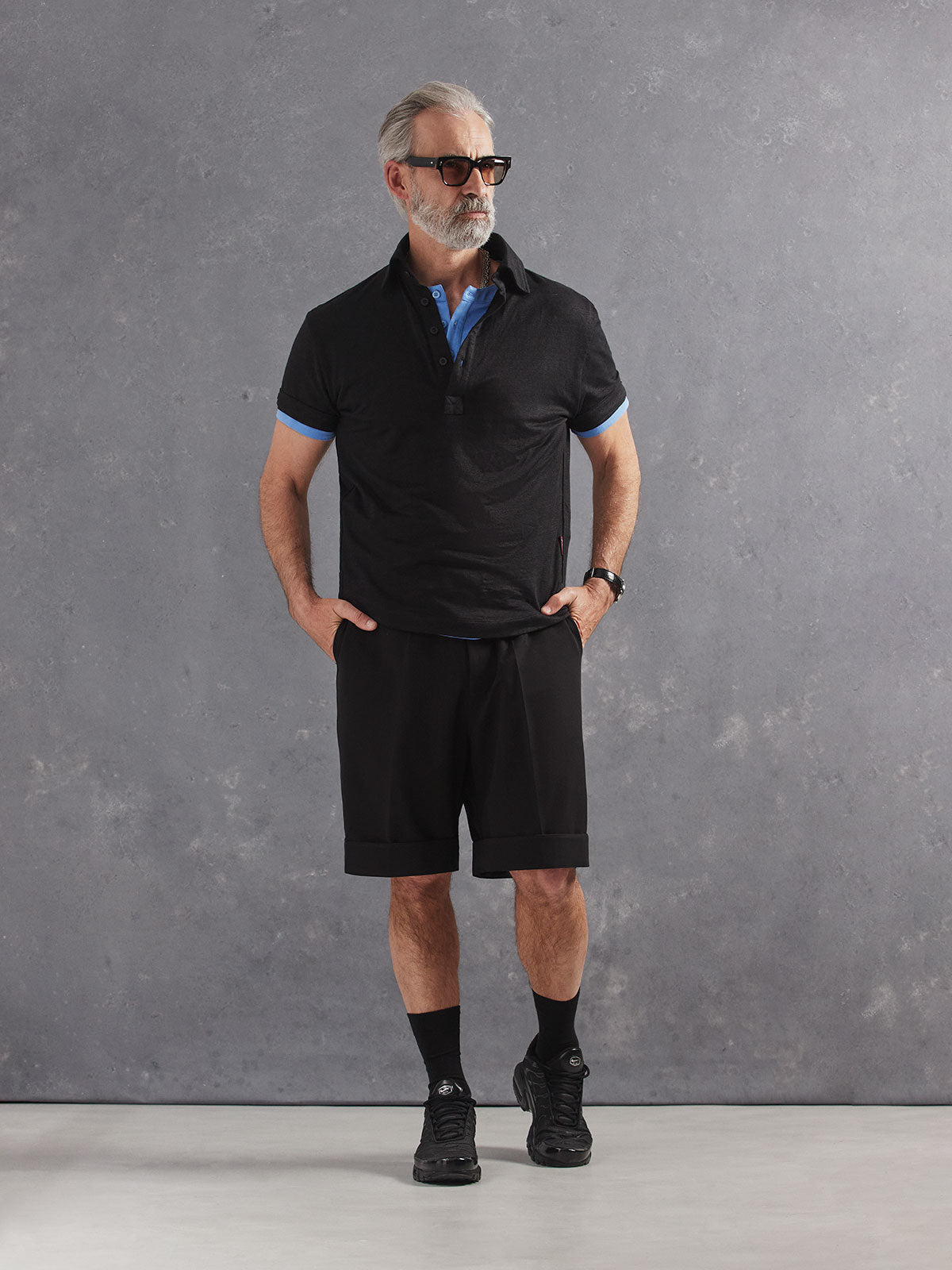 Madeira French Linen Short Sleeve Polo in *Berlin Black* (black) styled with Berlin Black Retinol Short and French Blue Buffed Cotton Short Sleeve Henley — full length lookbook | Y.Chroma