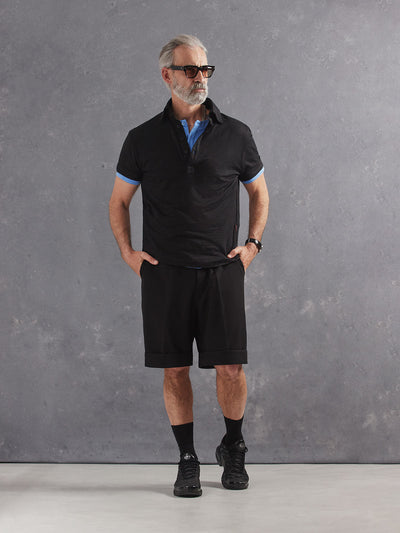 Madeira French Linen Short Sleeve Polo in *Berlin Black* (black) styled with Berlin Black Retinol Short and French Blue Buffed Cotton Short Sleeve Henley — full length lookbook | Y.Chroma