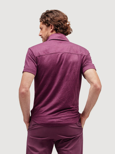 Madeira French Linen Short Sleeve Polo in *Italian Plum* (deep purple) — back detail view | Y.Chroma