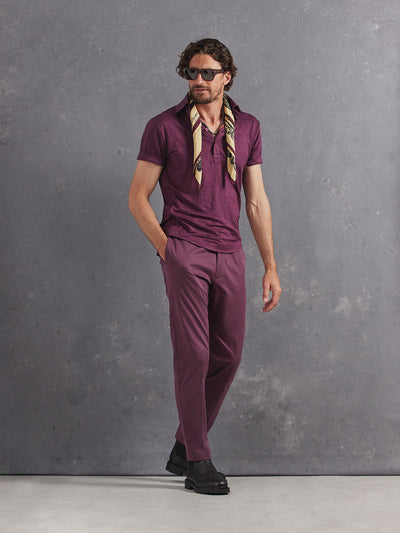 Madeira French Linen Short Sleeve Polo in *Italian Plum* (deep purple) styled with Italian Plum Skyline Pant — full length lookbook | Y.Chroma