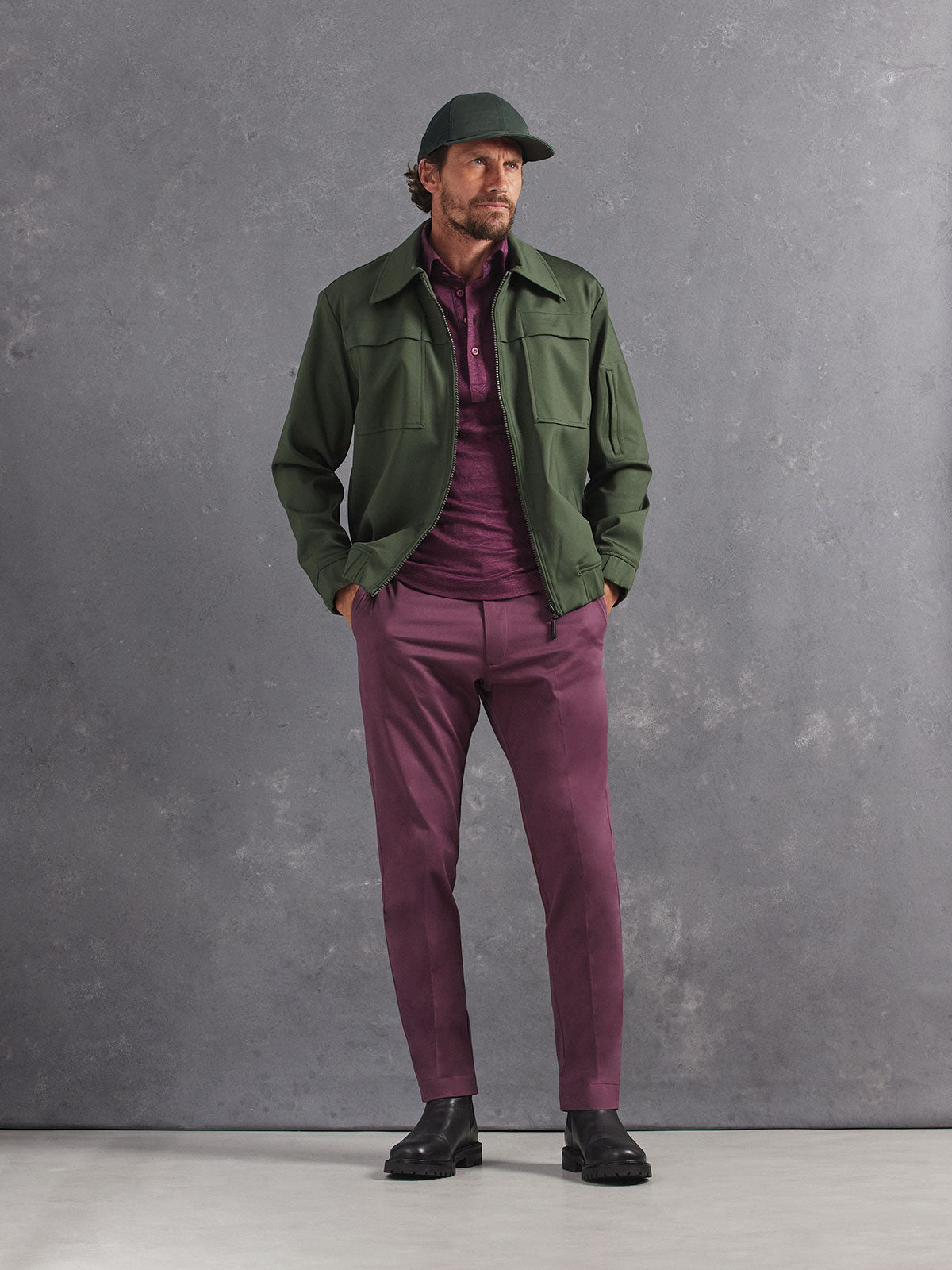 Madeira French Linen Short Sleeve Polo in *Italian Plum* (deep purple) styled with Italian Plum Skyline Pant and Dark Military Olive Drücken Track Jacket — full length lookbook | Y.Chroma