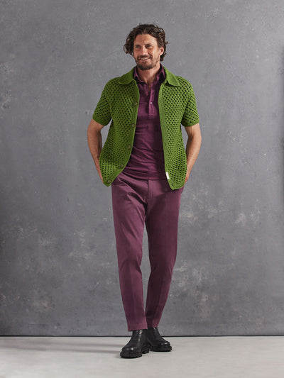 Madeira French Linen Short Sleeve Polo in *Italian Plum* (deep purple) styled with Italian Plum Skyline Pant and Military Olive Grand Prix Hand Crocheted Shirt — full length lookbook | Y.Chroma