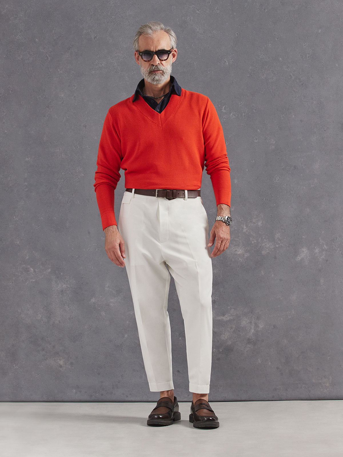 Madeira French Linen Short Sleeve Polo in *Midnight Blue* (navy blue) styled with White Lotus Retinol Pant and Aperol Orange Dwayne V-Neck Cashmere Sweater — full length lookbook | Y.Chroma