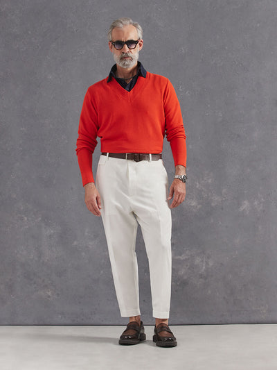 Madeira French Linen Short Sleeve Polo in *Midnight Blue* (navy blue) styled with White Lotus Retinol Pant and Aperol Orange Dwayne V-Neck Cashmere Sweater — full length lookbook | Y.Chroma