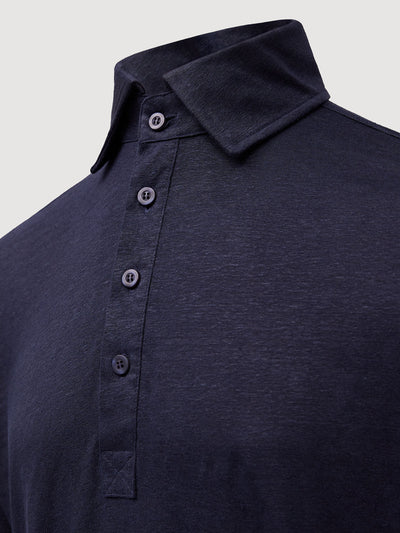 Madeira French Linen Long Sleeve Polo in *Midnight Blue* (navy blue) — collar and front buttons detail | Y.Chroma