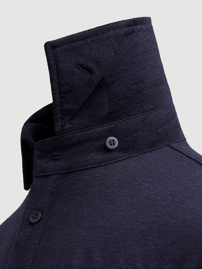 Madeira French Linen Long Sleeve Polo in *Midnight Blue* (navy blue) — collar button system detail | Y.Chroma