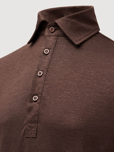 Madeira French Linen Long Sleeve Polo in *Java Brown* (warm brown) — collar and front buttons detail | Y.Chroma