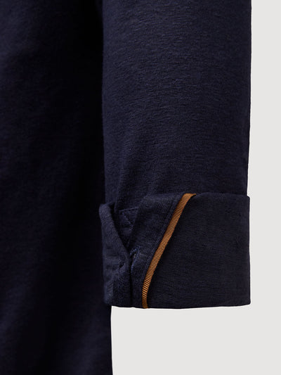 Madeira French Linen Long Sleeve Polo in *Midnight Blue* (navy blue) — cuffed sleeve with Cognac Silk™ engineered cuff system | Y.Chroma