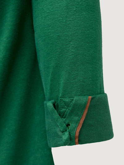 Madeira French Linen Long Sleeve Polo in *British Green* (forest green) — cuffed sleeve with Cognac Silk™ engineered cuff system | Y.Chroma