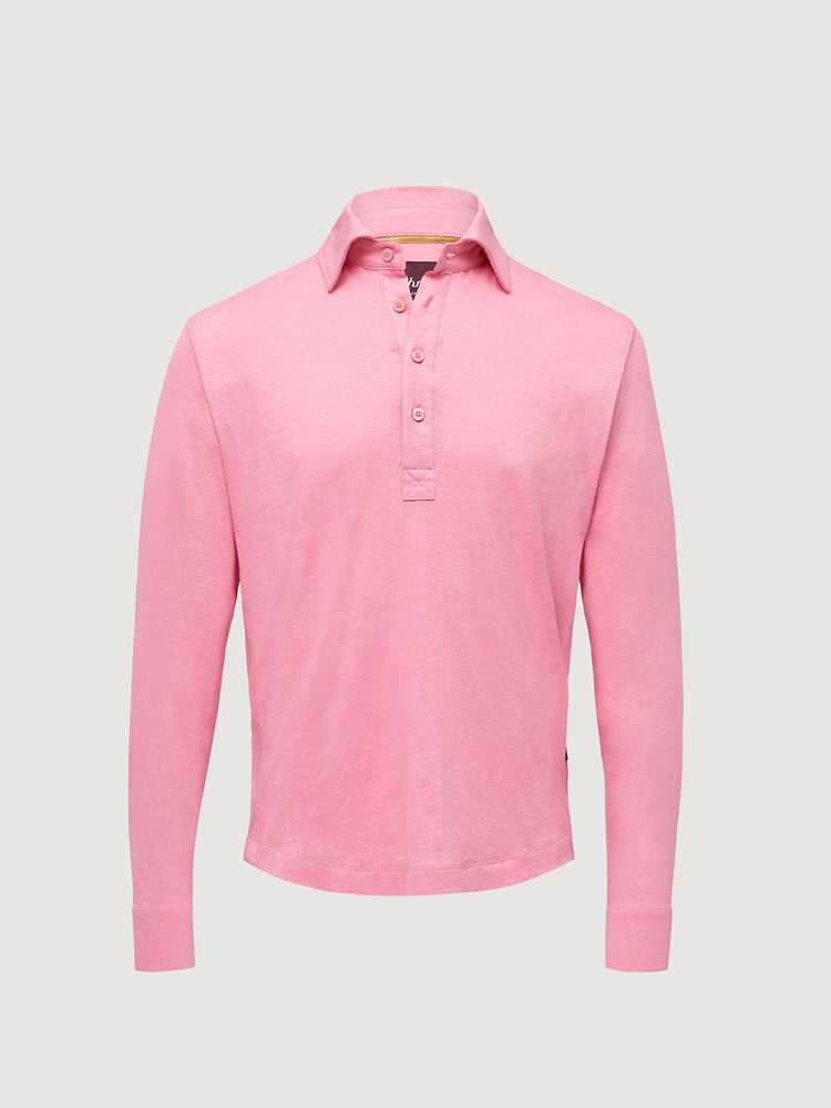 Madeira French Linen Long Sleeve Polo in *Quartz Pink* (dusty pink) — flat lay front | Y.Chroma
