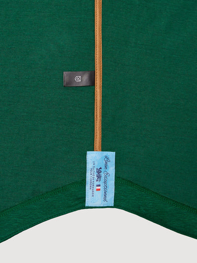 Madeira French Linen Short Sleeve Polo in *British Green* (forest green) — French linen label detail | Y.Chroma