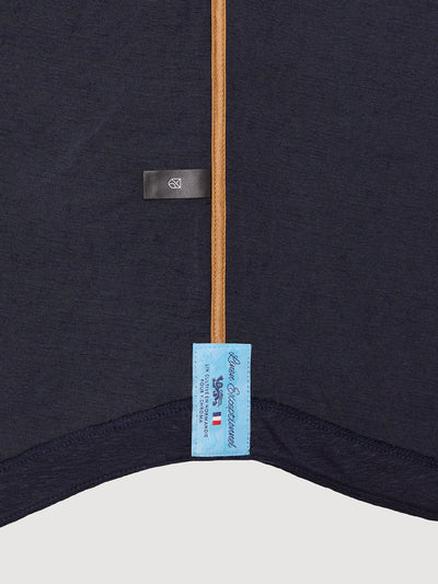 Madeira French Linen Short Sleeve Polo in *Midnight Blue* (navy blue) — French linen label detail | Y.Chroma